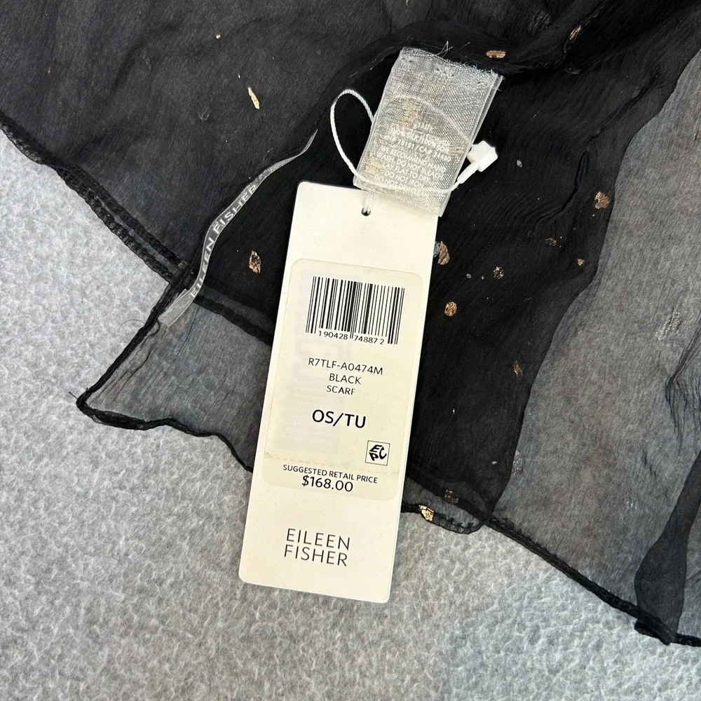 Eileen Fisher Sheer Silk Scarf Black Foil Sprinkled Crinkle Silk Gold Silver NEW